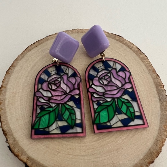 Art Nouveau Floral Stained Glass Earrings- Dangle Retro Flower Earrings - Picture 12 of 16